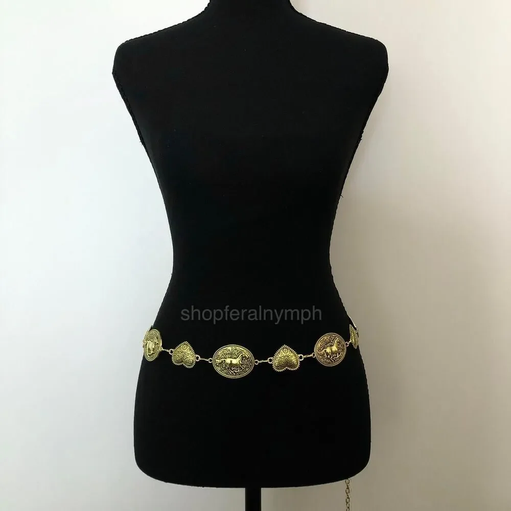 Y2K Boho Gold Horse Heart Medallion Chain Belt, Fits 24–47 Inches, X7GA1175